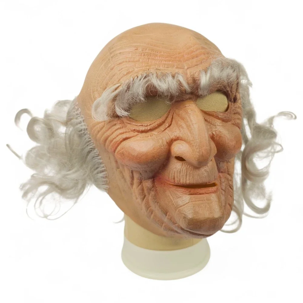 Vintage Old Man Latex Mask Grandfather Grey Hair Mesh Eyes Halloween Costume VTG